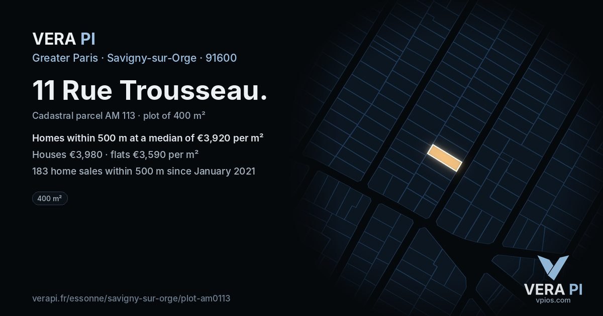 11 Rue Trousseau, Savigny-sur-Orge at night – the plot lit, the parcels around coloured by the prices near them