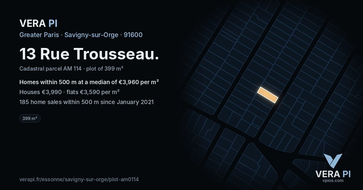 13 Rue Trousseau, Savigny-sur-Orge at night – the plot lit, the parcels around coloured by the prices near them