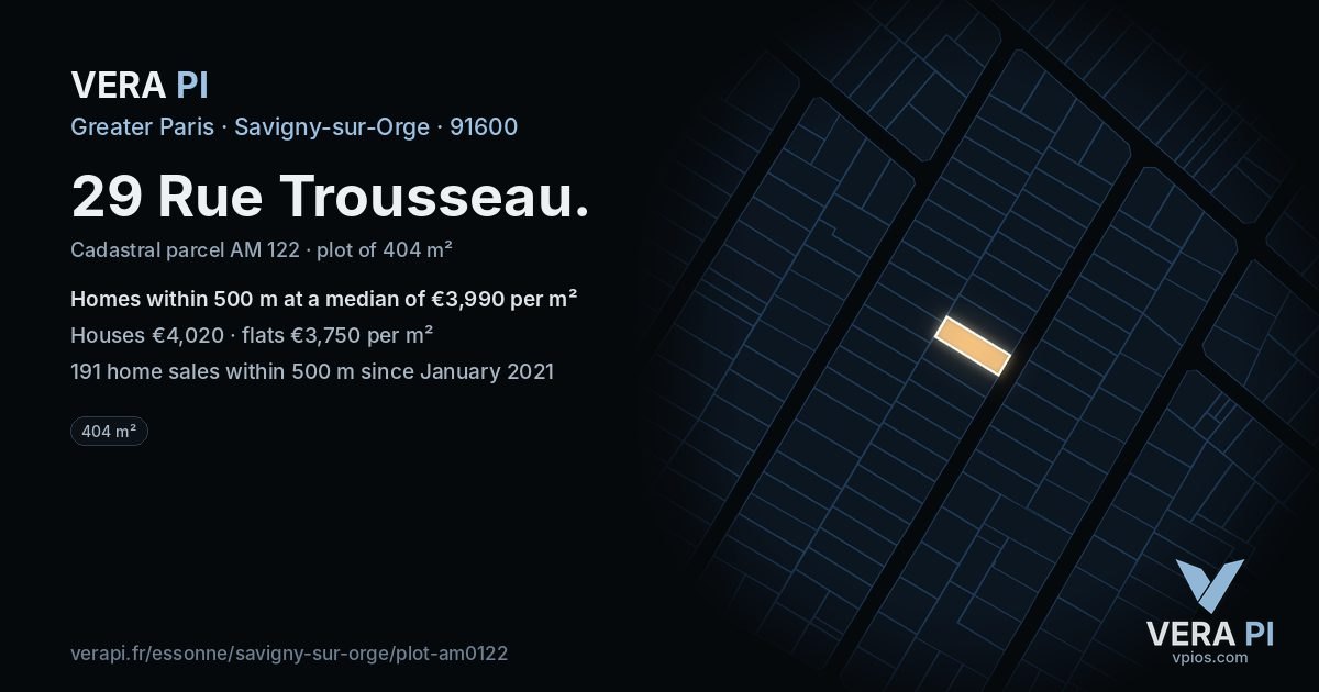 29 Rue Trousseau, Savigny-sur-Orge at night – the plot lit, the parcels around coloured by the prices near them