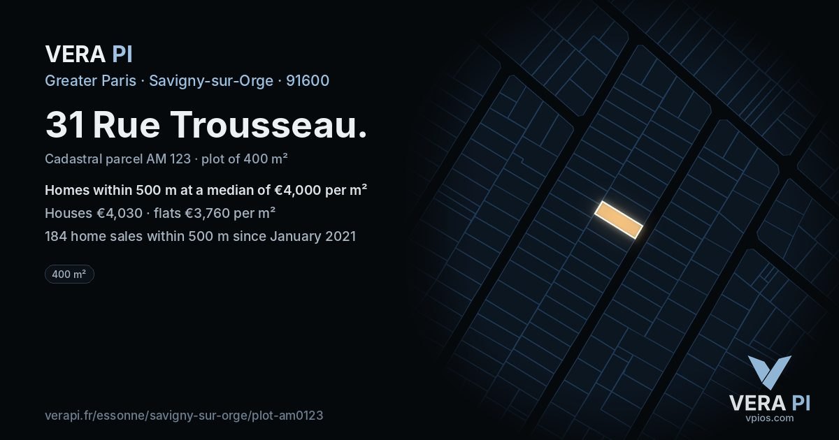 31 Rue Trousseau, Savigny-sur-Orge at night – the plot lit, the parcels around coloured by the prices near them