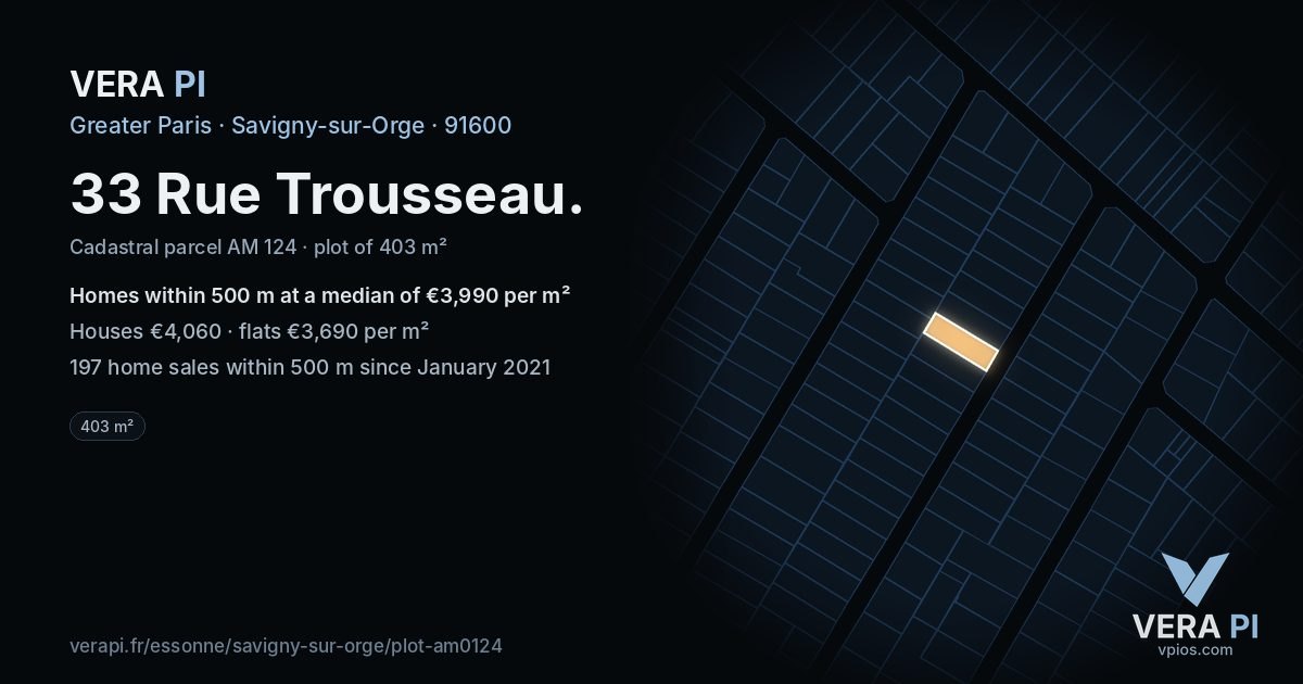 33 Rue Trousseau, Savigny-sur-Orge at night – the plot lit, the parcels around coloured by the prices near them