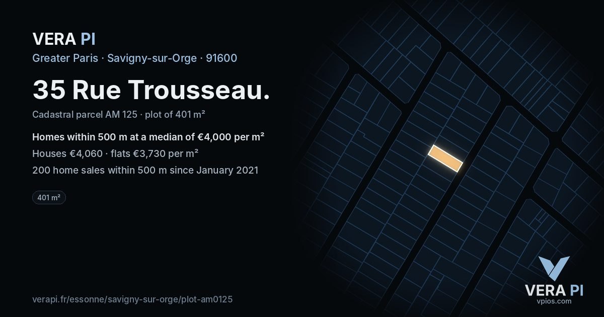 35 Rue Trousseau, Savigny-sur-Orge at night – the plot lit, the parcels around coloured by the prices near them