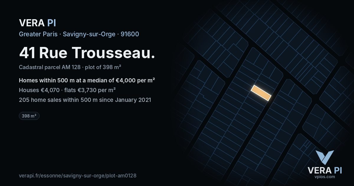 41 Rue Trousseau, Savigny-sur-Orge at night – the plot lit, the parcels around coloured by the prices near them