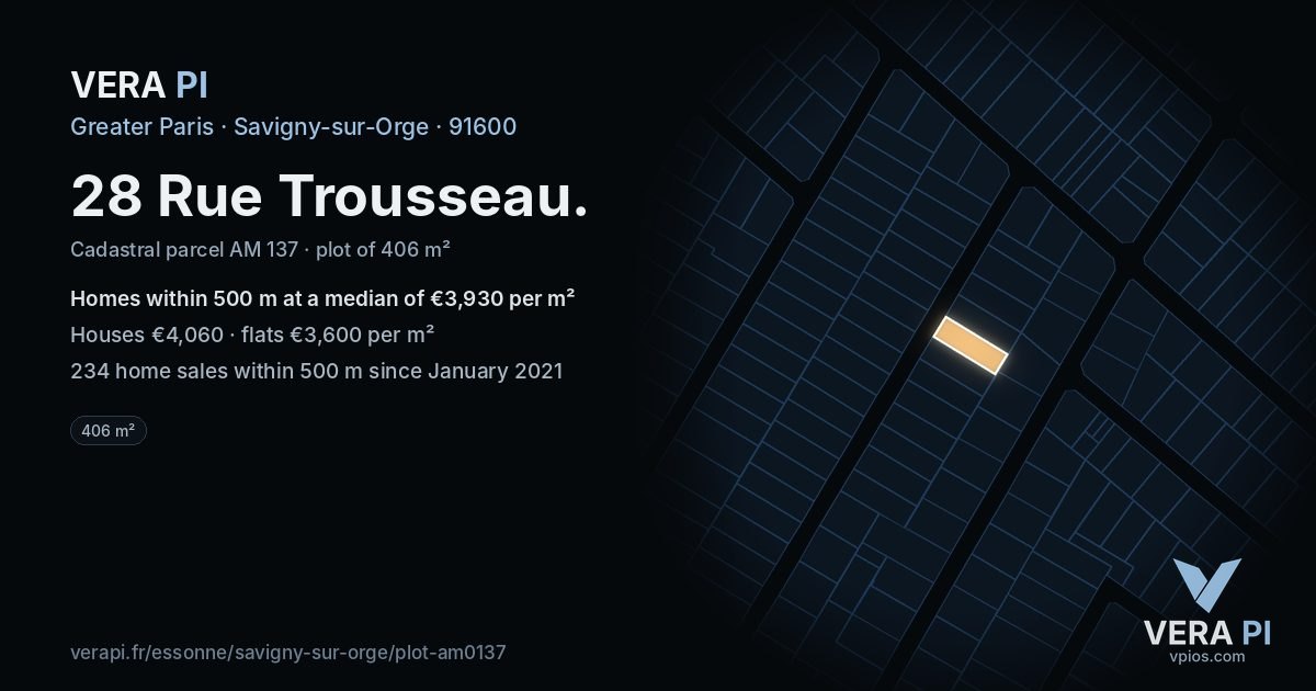 28 Rue Trousseau, Savigny-sur-Orge at night – the plot lit, the parcels around coloured by the prices near them