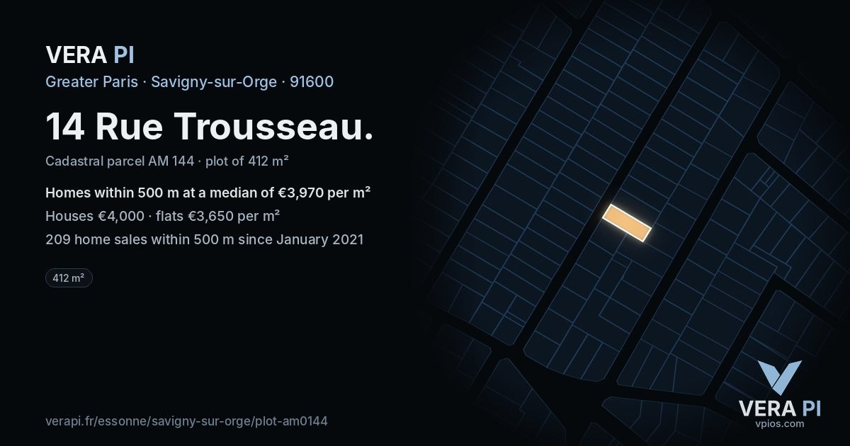 14 Rue Trousseau, Savigny-sur-Orge at night – the plot lit, the parcels around coloured by the prices near them