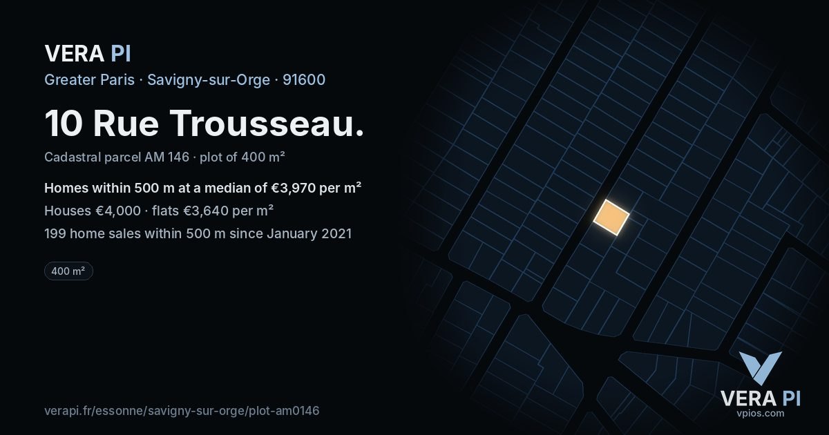 10 Rue Trousseau, Savigny-sur-Orge at night – the plot lit, the parcels around coloured by the prices near them