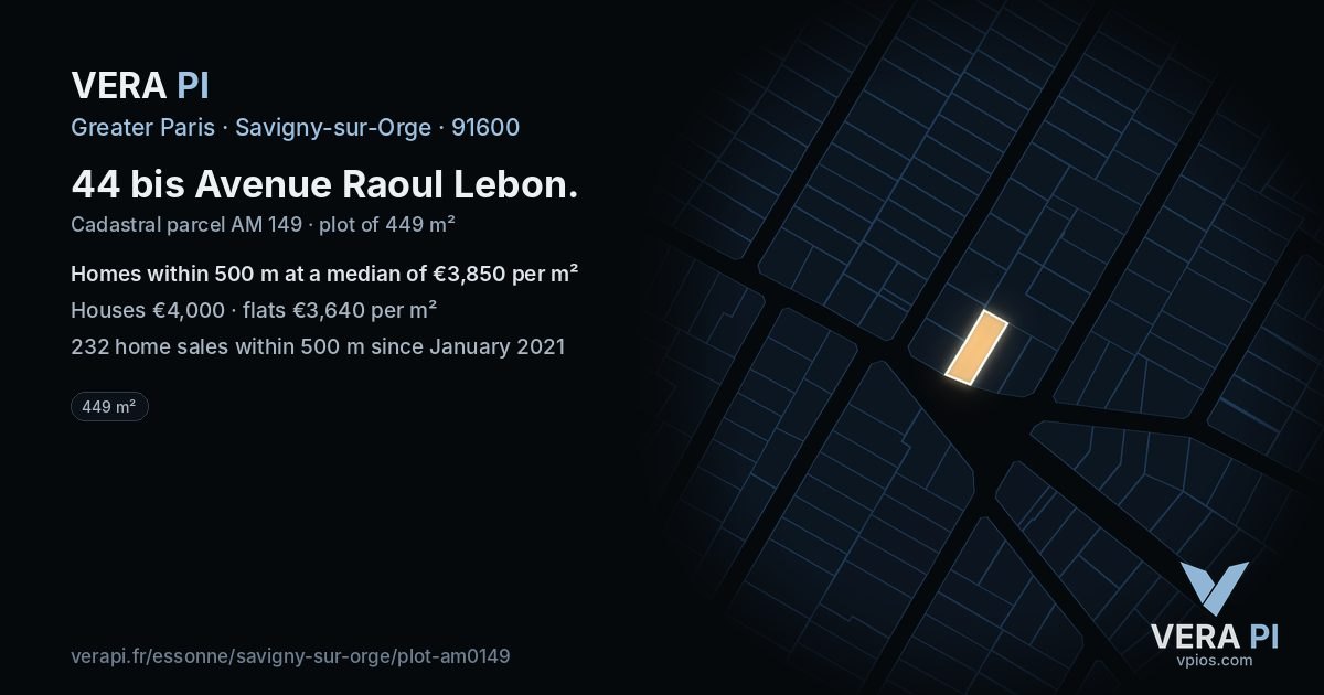 44 bis Avenue Raoul Lebon, Savigny-sur-Orge at night – the plot lit, the parcels around coloured by the prices near them
