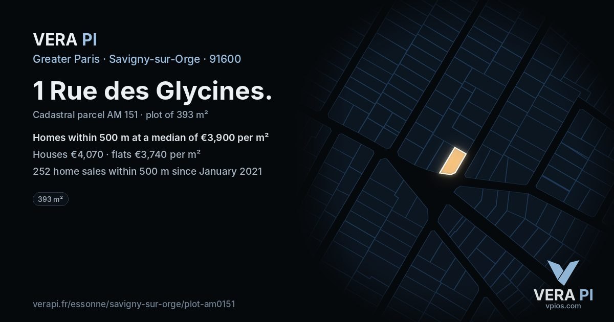 1 Rue des Glycines, Savigny-sur-Orge at night – the plot lit, the parcels around coloured by the prices near them