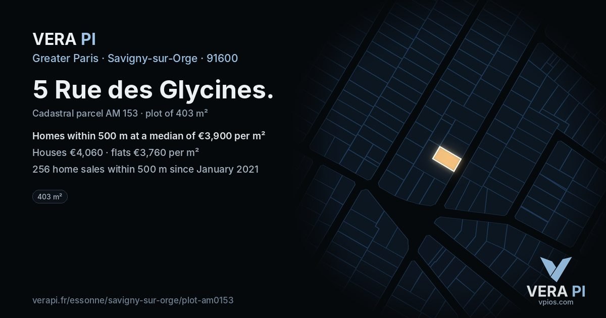 5 Rue des Glycines, Savigny-sur-Orge at night – the plot lit, the parcels around coloured by the prices near them