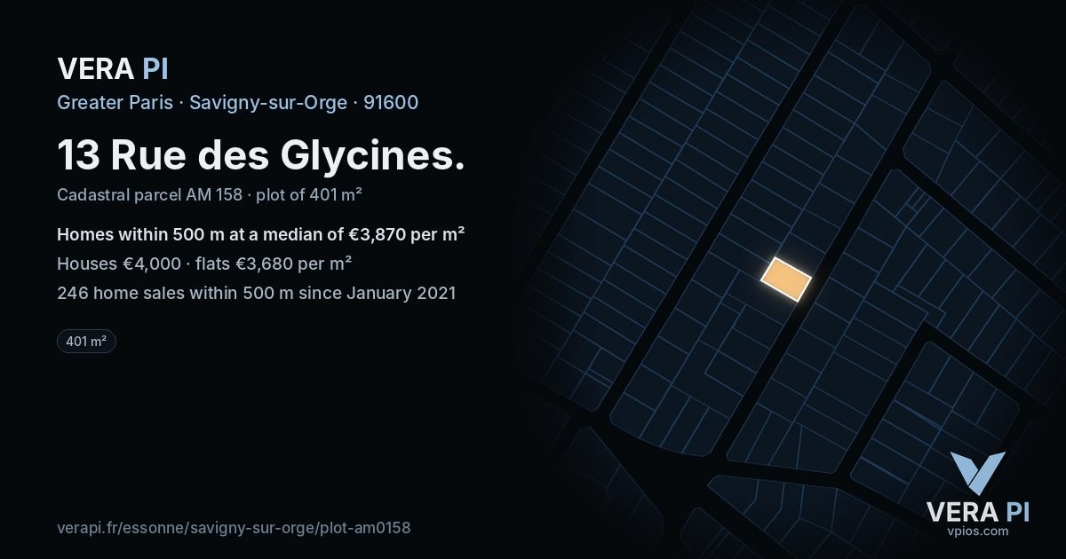 13 Rue des Glycines, Savigny-sur-Orge at night – the plot lit, the parcels around coloured by the prices near them