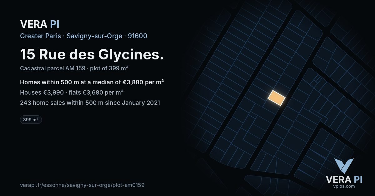 15 Rue des Glycines, Savigny-sur-Orge at night – the plot lit, the parcels around coloured by the prices near them