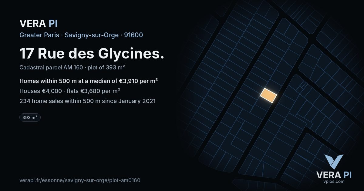 17 Rue des Glycines, Savigny-sur-Orge at night – the plot lit, the parcels around coloured by the prices near them