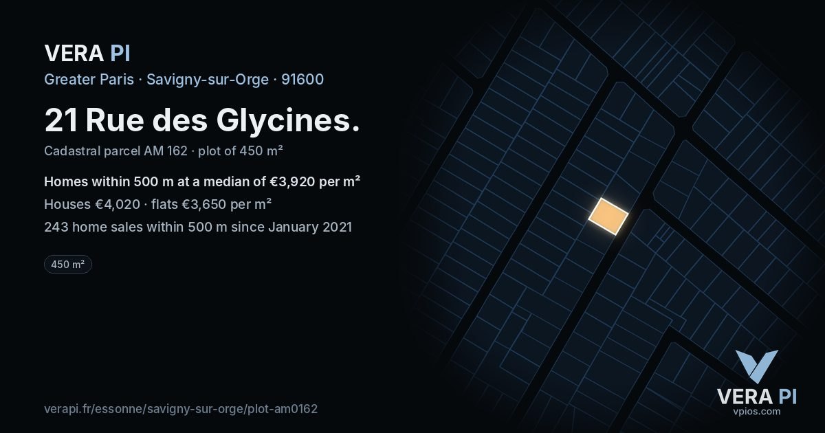 21 Rue des Glycines, Savigny-sur-Orge at night – the plot lit, the parcels around coloured by the prices near them