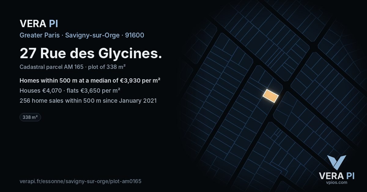 27 Rue des Glycines, Savigny-sur-Orge at night – the plot lit, the parcels around coloured by the prices near them