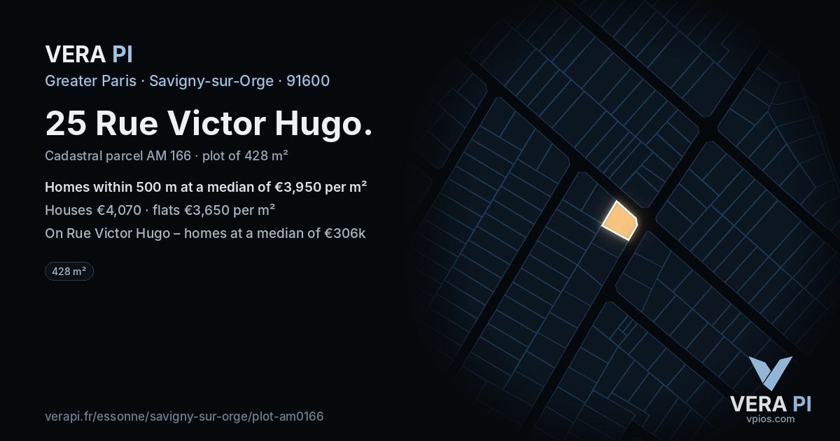25 Rue Victor Hugo, Savigny-sur-Orge at night – the plot lit, the parcels around coloured by the prices near them