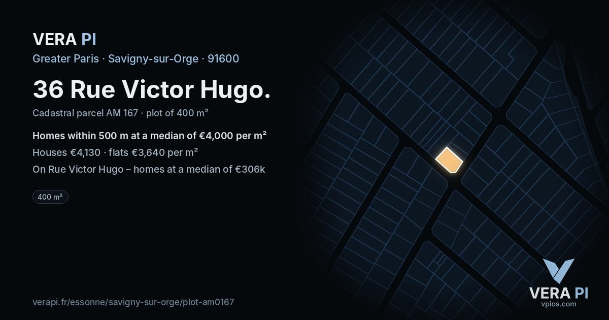 36 Rue Victor Hugo, Savigny-sur-Orge at night – the plot lit, the parcels around coloured by the prices near them