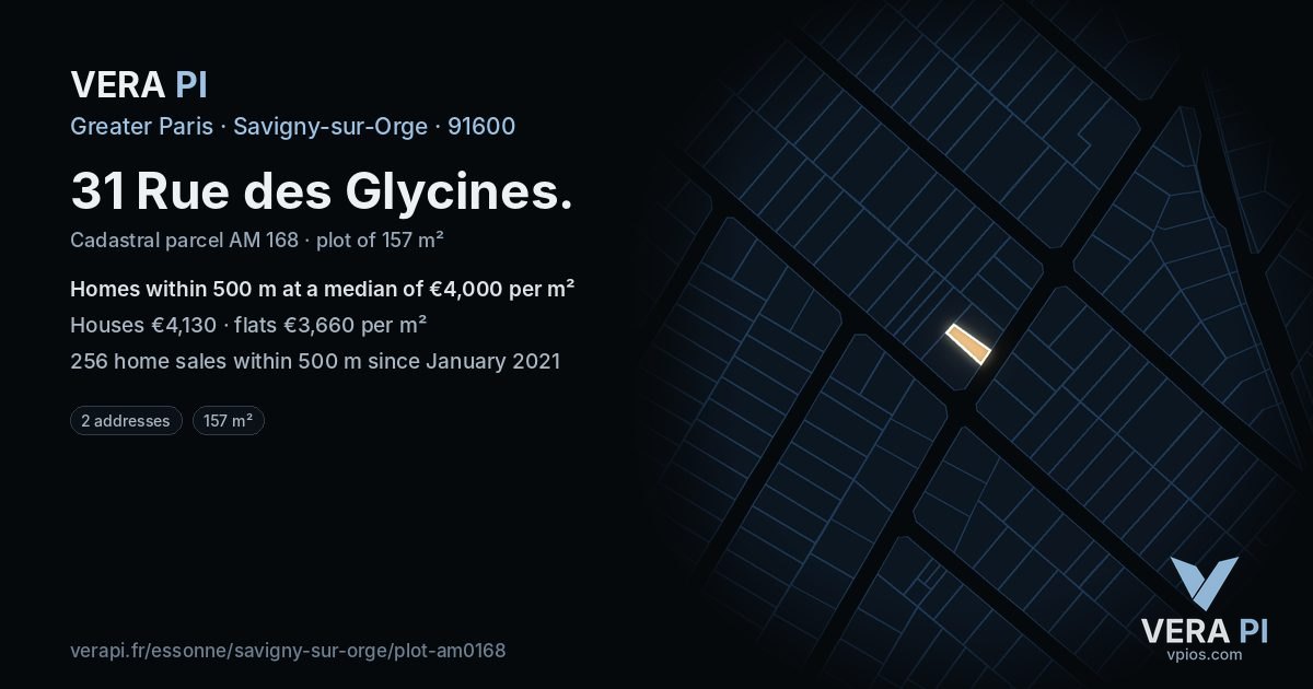31 Rue des Glycines, Savigny-sur-Orge at night – the plot lit, the parcels around coloured by the prices near them