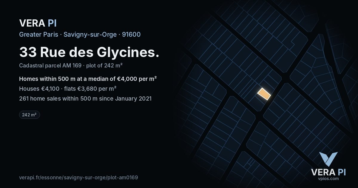 33 Rue des Glycines, Savigny-sur-Orge at night – the plot lit, the parcels around coloured by the prices near them