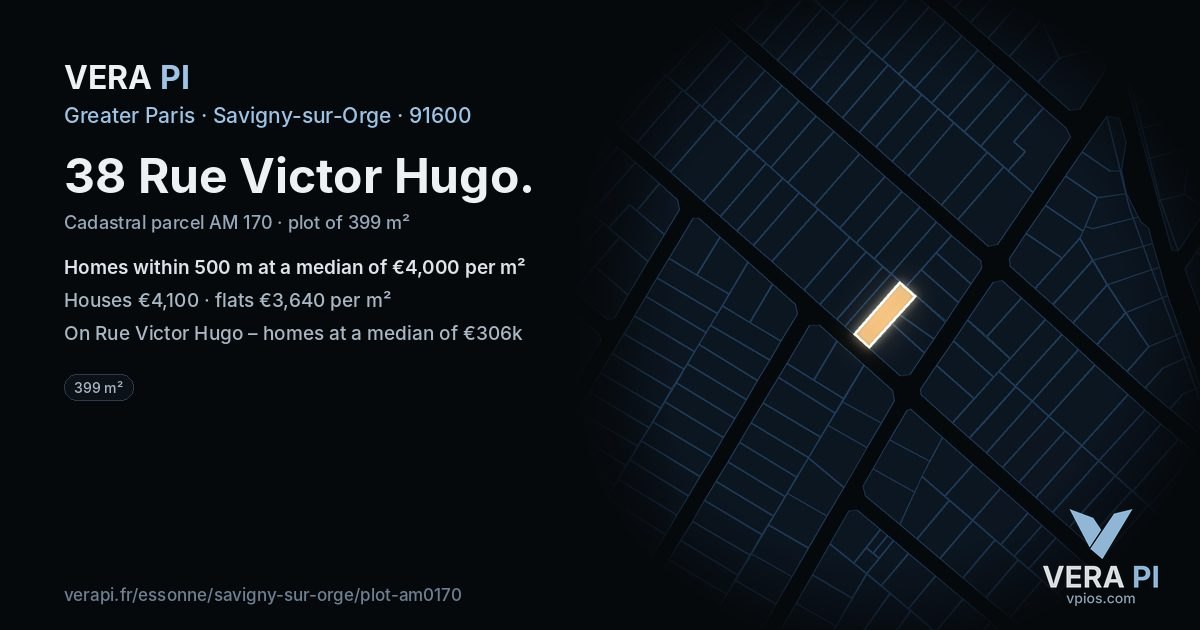 38 Rue Victor Hugo, Savigny-sur-Orge at night – the plot lit, the parcels around coloured by the prices near them