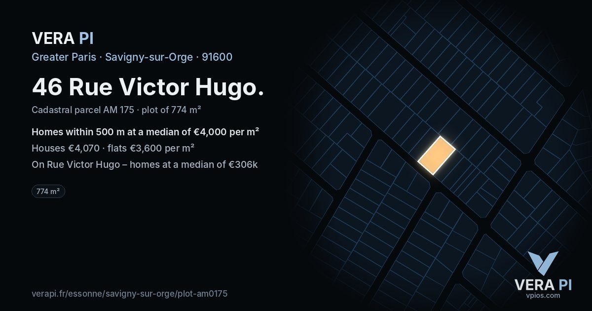46 Rue Victor Hugo, Savigny-sur-Orge at night – the plot lit, the parcels around coloured by the prices near them