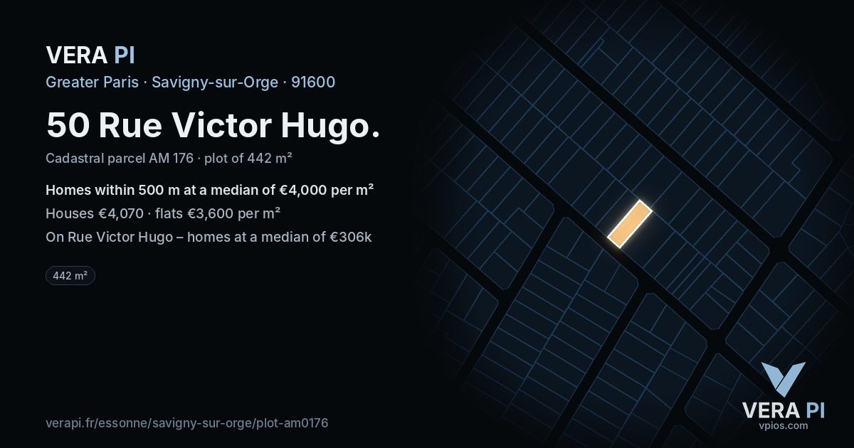 50 Rue Victor Hugo, Savigny-sur-Orge at night – the plot lit, the parcels around coloured by the prices near them