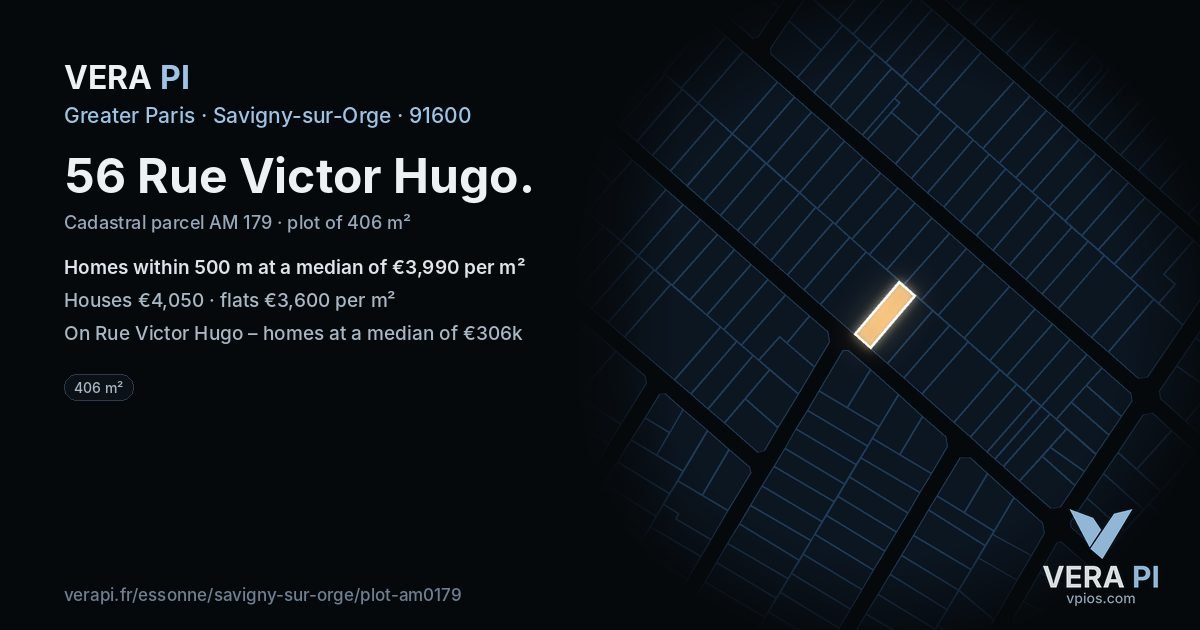 56 Rue Victor Hugo, Savigny-sur-Orge at night – the plot lit, the parcels around coloured by the prices near them