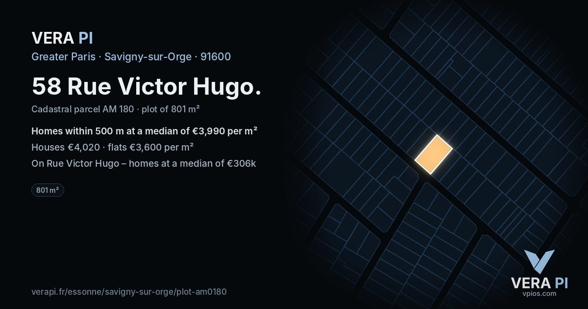 58 Rue Victor Hugo, Savigny-sur-Orge at night – the plot lit, the parcels around coloured by the prices near them