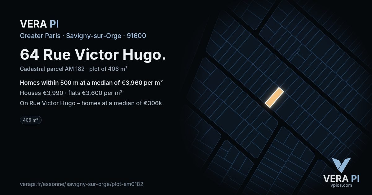 64 Rue Victor Hugo, Savigny-sur-Orge at night – the plot lit, the parcels around coloured by the prices near them