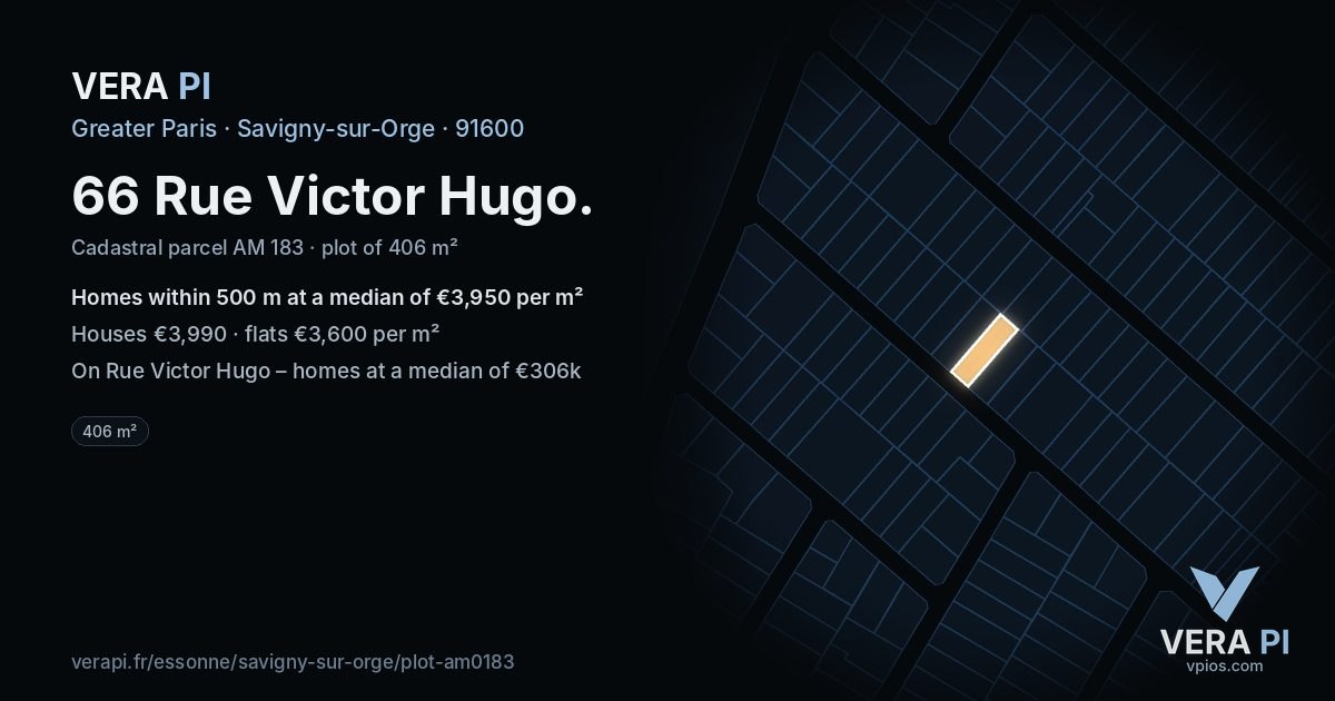 66 Rue Victor Hugo, Savigny-sur-Orge at night – the plot lit, the parcels around coloured by the prices near them