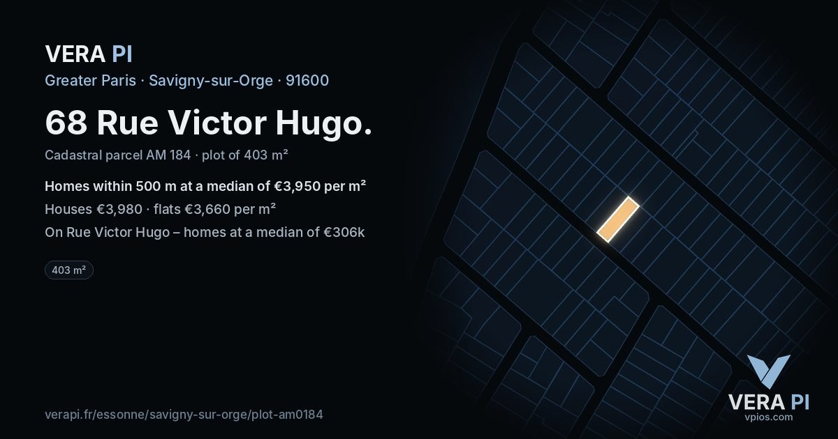 68 Rue Victor Hugo, Savigny-sur-Orge at night – the plot lit, the parcels around coloured by the prices near them