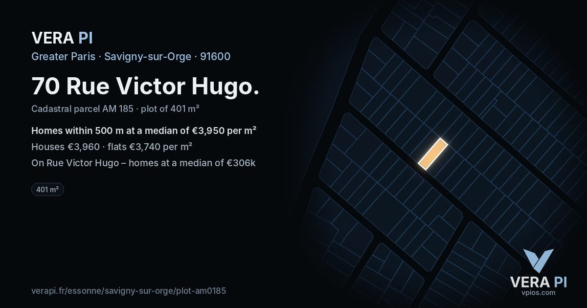 70 Rue Victor Hugo, Savigny-sur-Orge at night – the plot lit, the parcels around coloured by the prices near them