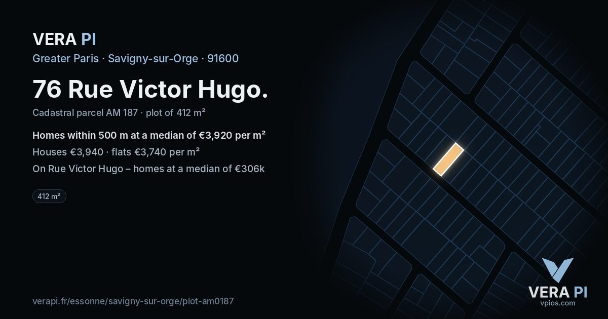 76 Rue Victor Hugo, Savigny-sur-Orge at night – the plot lit, the parcels around coloured by the prices near them