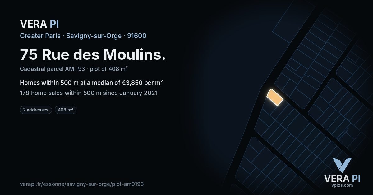 75 Rue des Moulins, Savigny-sur-Orge at night – the plot lit, the parcels around coloured by the prices near them
