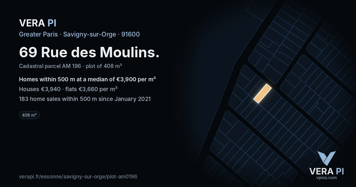 69 Rue des Moulins, Savigny-sur-Orge at night – the plot lit, the parcels around coloured by the prices near them
