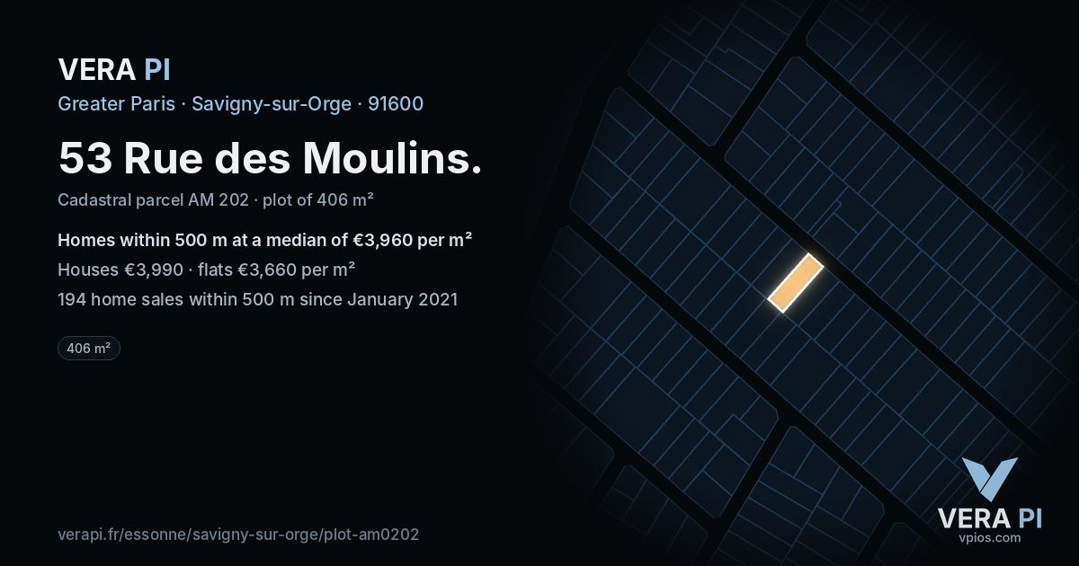 53 Rue des Moulins, Savigny-sur-Orge at night – the plot lit, the parcels around coloured by the prices near them
