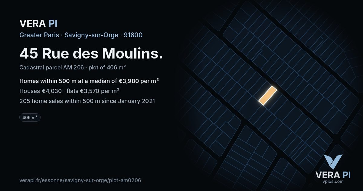 45 Rue des Moulins, Savigny-sur-Orge at night – the plot lit, the parcels around coloured by the prices near them