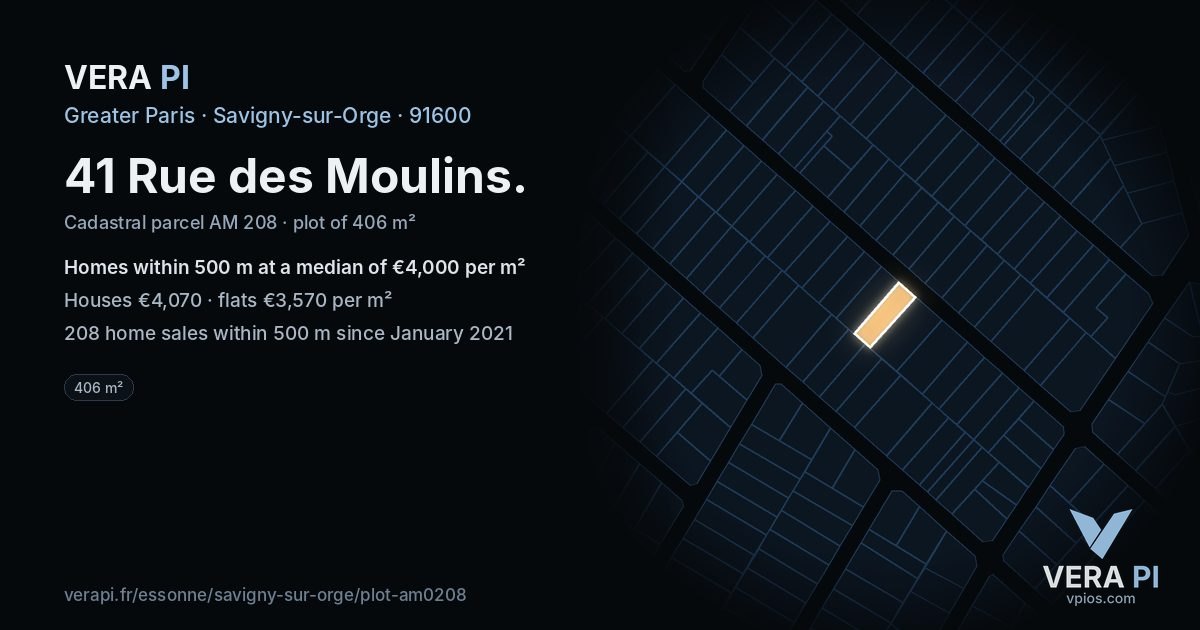 41 Rue des Moulins, Savigny-sur-Orge at night – the plot lit, the parcels around coloured by the prices near them