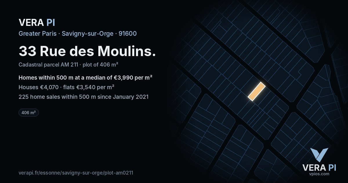33 Rue des Moulins, Savigny-sur-Orge at night – the plot lit, the parcels around coloured by the prices near them