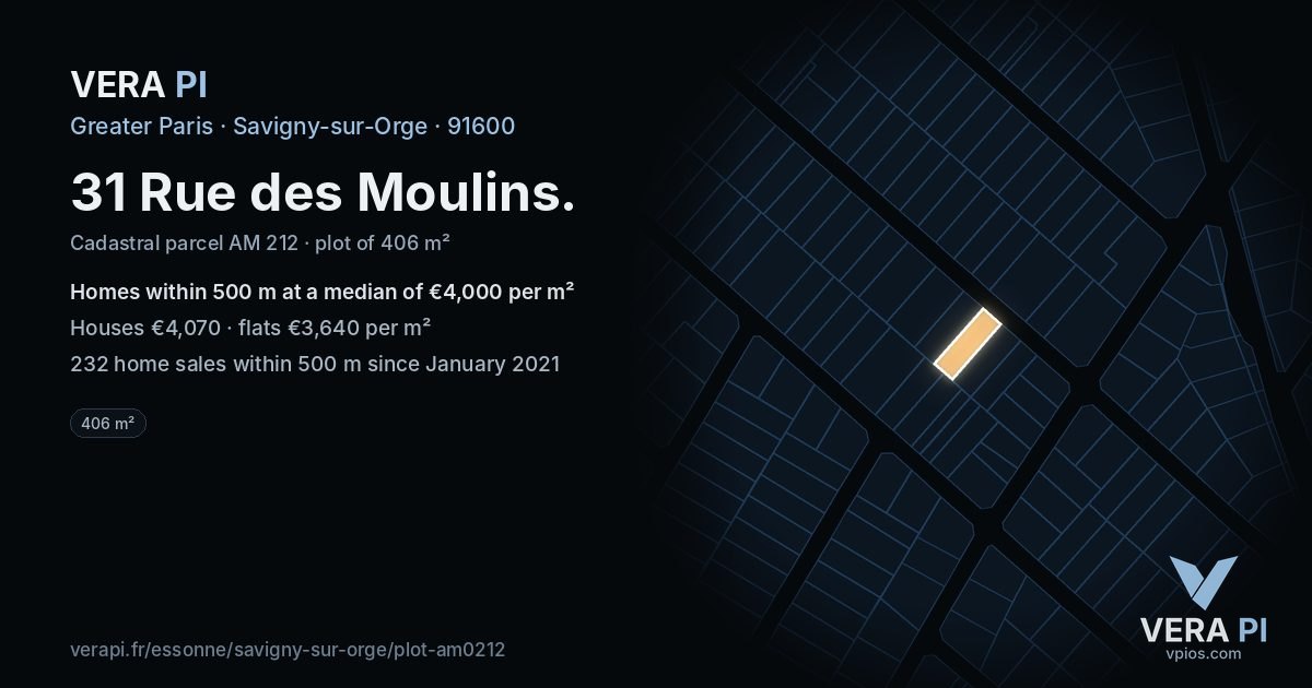 31 Rue des Moulins, Savigny-sur-Orge at night – the plot lit, the parcels around coloured by the prices near them