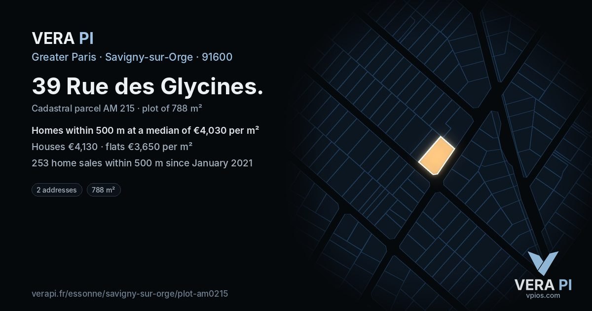 39 Rue des Glycines, Savigny-sur-Orge at night – the plot lit, the parcels around coloured by the prices near them