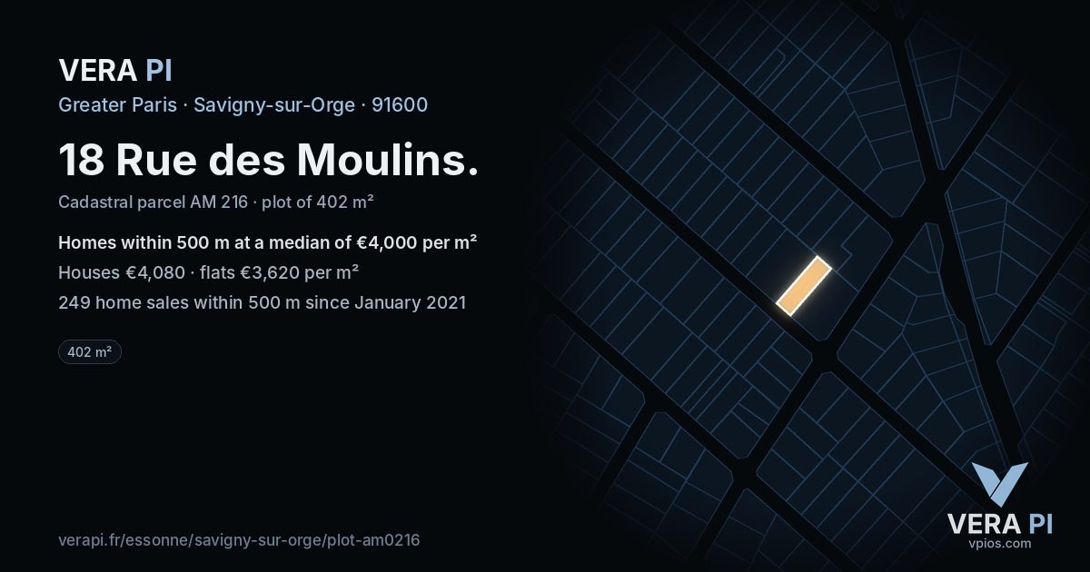 18 Rue des Moulins, Savigny-sur-Orge at night – the plot lit, the parcels around coloured by the prices near them