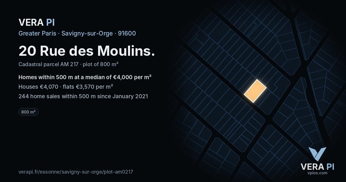 20 Rue des Moulins, Savigny-sur-Orge at night – the plot lit, the parcels around coloured by the prices near them