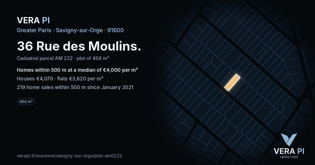 36 Rue des Moulins, Savigny-sur-Orge at night – the plot lit, the parcels around coloured by the prices near them