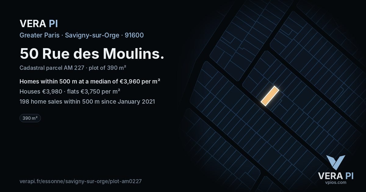 50 Rue des Moulins, Savigny-sur-Orge at night – the plot lit, the parcels around coloured by the prices near them