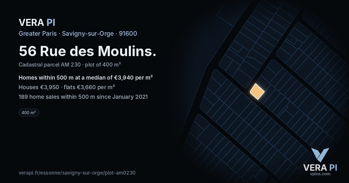 56 Rue des Moulins, Savigny-sur-Orge at night – the plot lit, the parcels around coloured by the prices near them