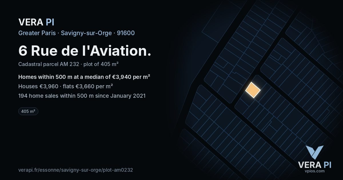 6 Rue de l'Aviation, Savigny-sur-Orge at night – the plot lit, the parcels around coloured by the prices near them
