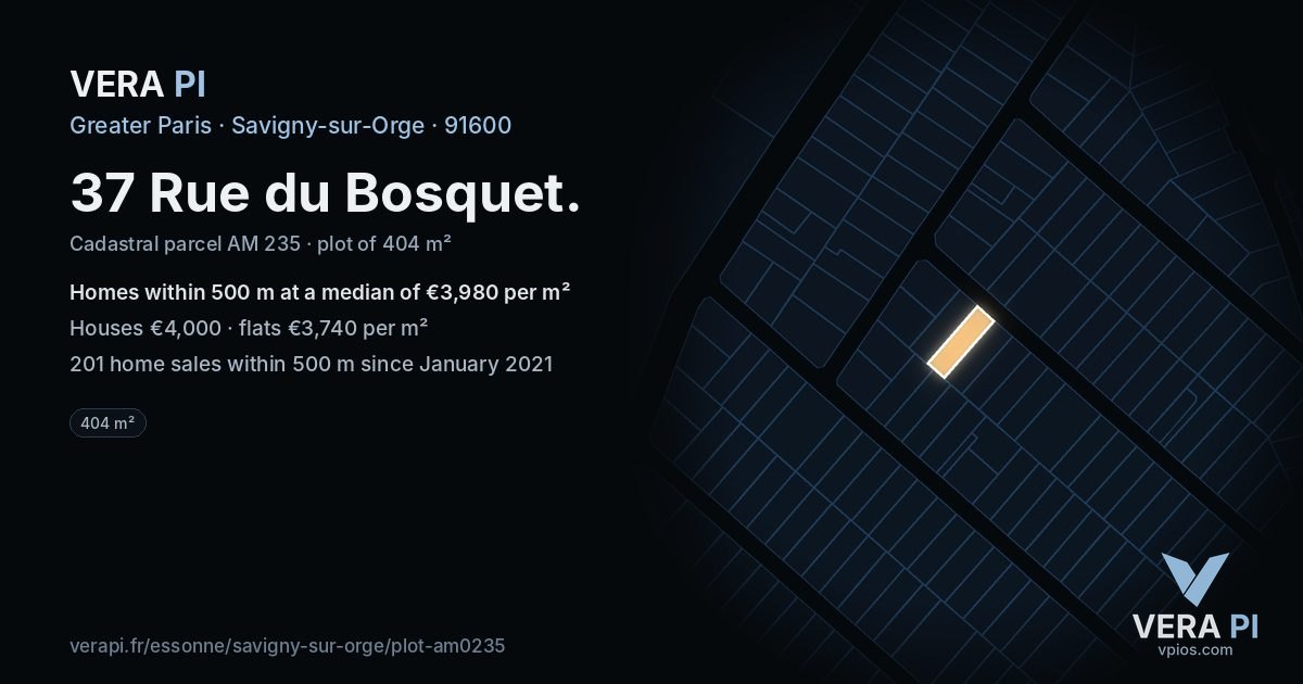 37 Rue du Bosquet, Savigny-sur-Orge at night – the plot lit, the parcels around coloured by the prices near them