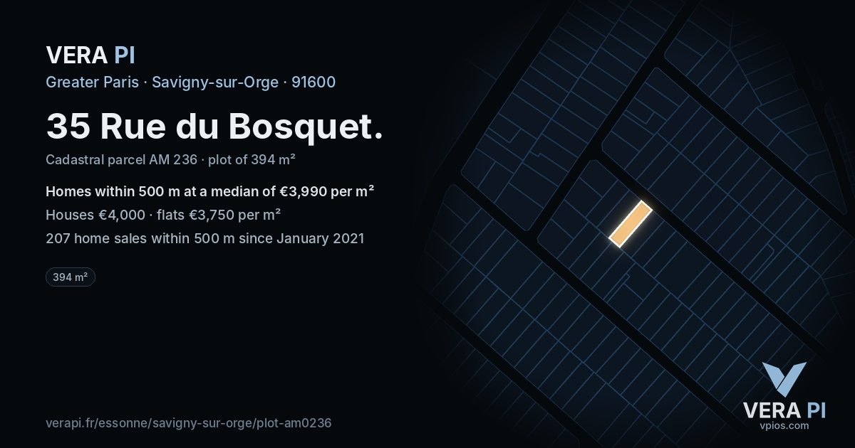 35 Rue du Bosquet, Savigny-sur-Orge at night – the plot lit, the parcels around coloured by the prices near them