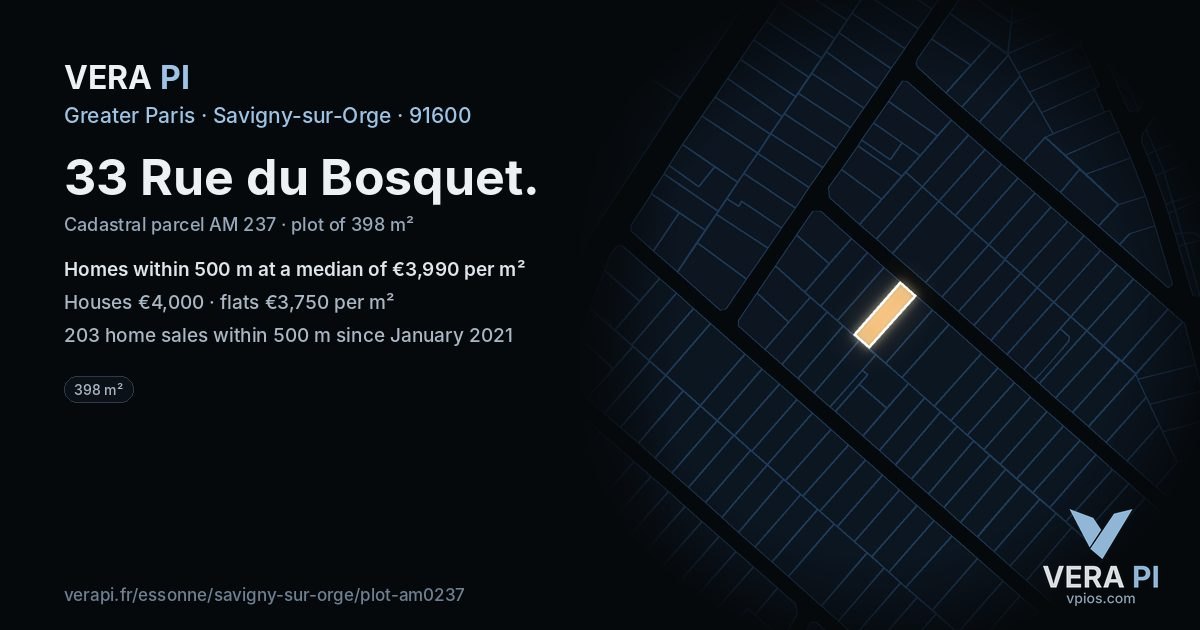 33 Rue du Bosquet, Savigny-sur-Orge at night – the plot lit, the parcels around coloured by the prices near them