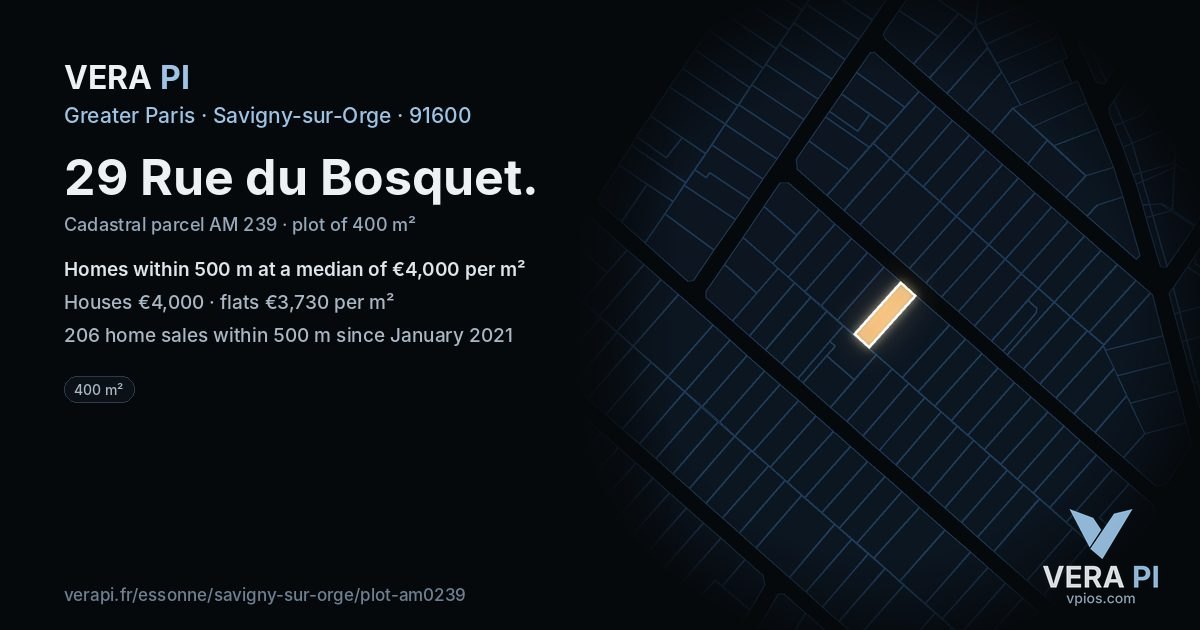 29 Rue du Bosquet, Savigny-sur-Orge at night – the plot lit, the parcels around coloured by the prices near them